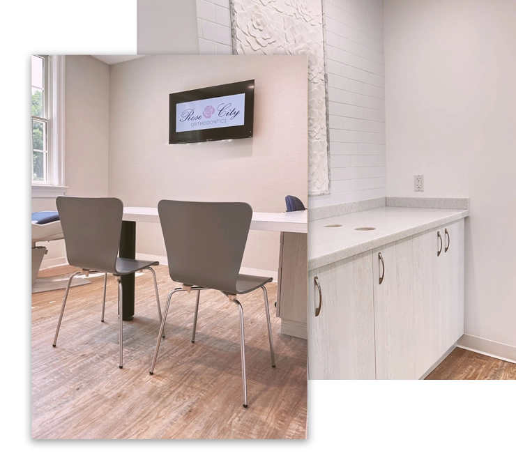 A collage of photos featuring different spaces in the Rose City Orthodontics office