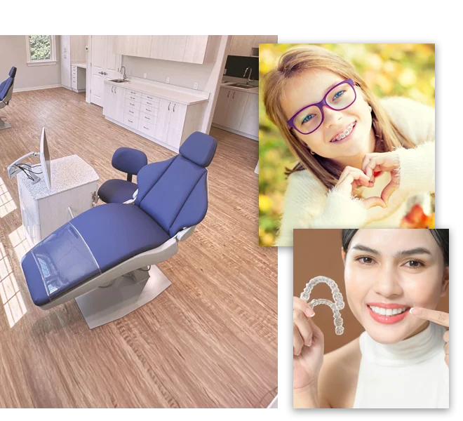 A collage of three photos, displaying an exam room and happy patients